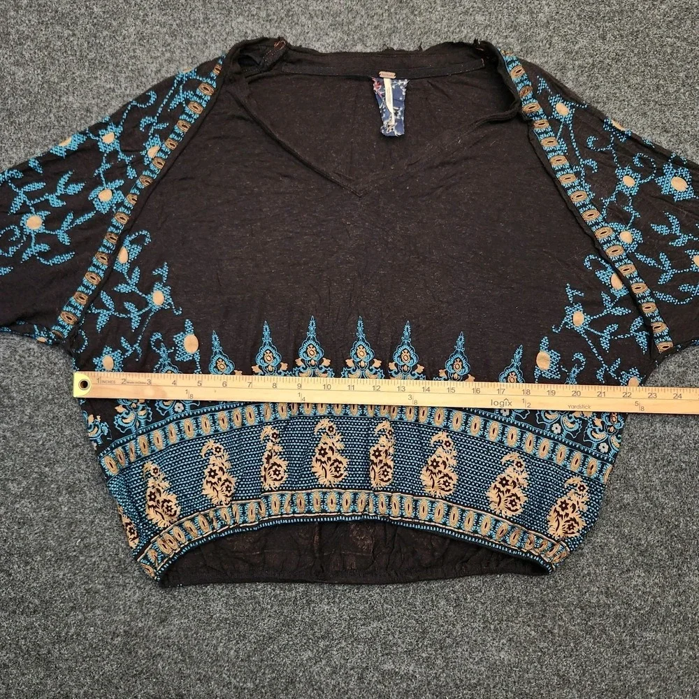Free People Women Small Black V-Neck  Linen Blend Top Indie Folk Whimsigoth Boho